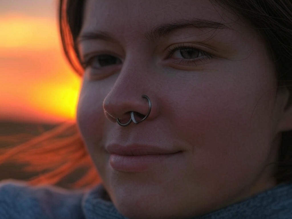 Девушка с титановым кольцом в носу на фоне рассвета